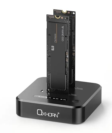USOX-UM-D322 Oxhorn Dual Bay M.2 SSD Docking Station USB 3.2 Gen 2x2 M.2 NVMe SSD 16TB 10Gbp Supports Macs Windows Android Linux 2230/2242/2260/2280/22110