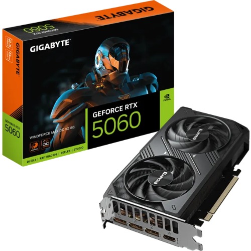 VCG-N5060WF2MAXOCV2-8GD Gigabyte GeForce RTX™ 5060 WINDFORCE 2 MAX OC 8G, 2512MHz, CUDA 3840, 28Gbps, GDDR7, 128 bit, PCI-E 5.0, PSU 550W, DisplayPort 2.1b *3 HDMI 2.1b *1