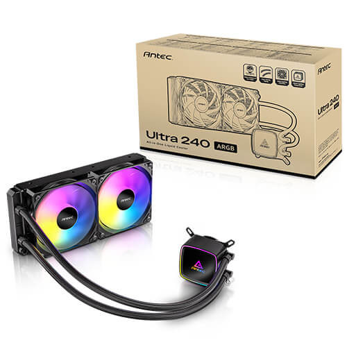 CFA-ULTRA240ARGB Antec Ultra 240 ARGB, 240mm AIO, ARGB PWM fans, 1800RPM, 67.62 CFM, 2.09mmH₂O, Intel/AMD, 2-Year Warranty