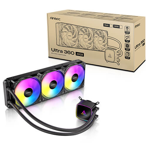 CFA-ULTRA360ARGB Antec Ultra 360 ARGB - Black, 360mm AIO, ARGB PWM fans, 1800RPM, 67.62 CFM, 2.09mmH₂O, Intel/AMD, 2-Year Warranty