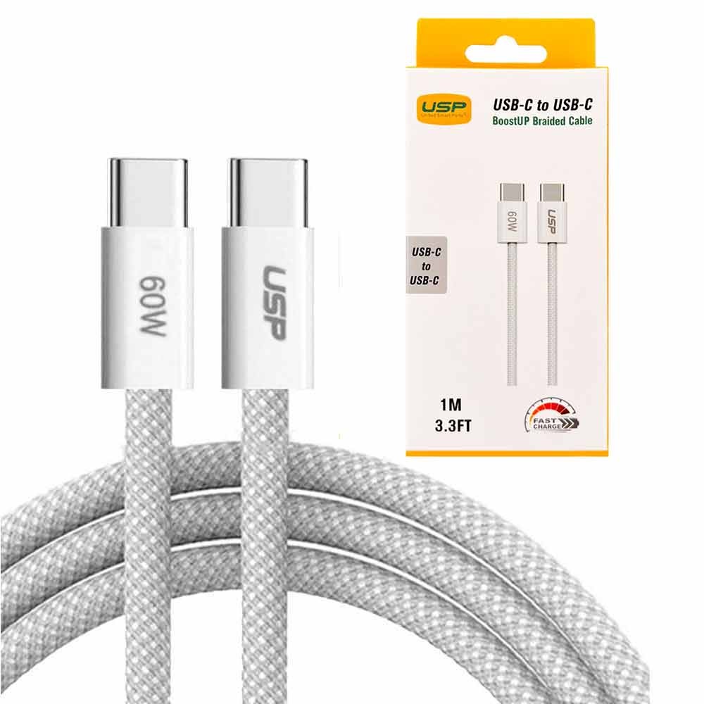 USP Braided USB-C to USB-C PD 60W High Density Fast Charge Cable (1M) White - 3A Fast  Safe Charge,Strong  Durable, Samsung Galaxy,Apple iPhone