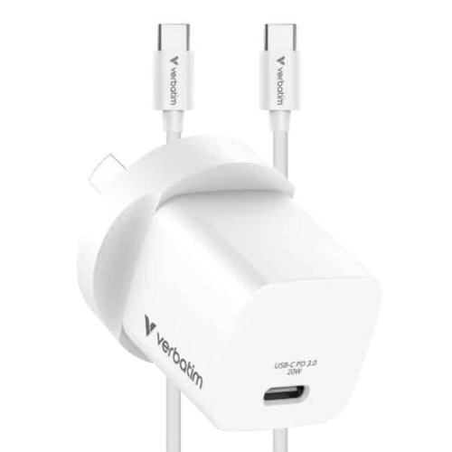 MPV-32397 Verbatim Mini GaN 20W USB-C Charger, PD 3.0, PPS, QC 3.0, with 1m USB-C to USB-C Cable (60W, USB 2.0), AU Plug, White, OCP/OVP/SCP/OTP Protection