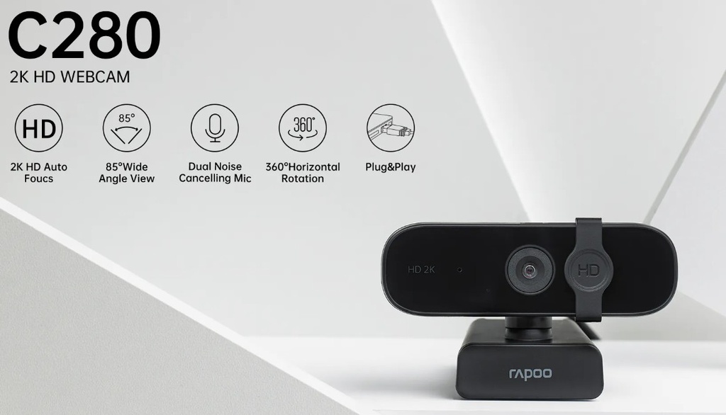 RAPOO C280 BK 2K HD Webcam - 85 Degree Wide-Angle Lens, 360 degrees Omini Microphone. Plug and Play.