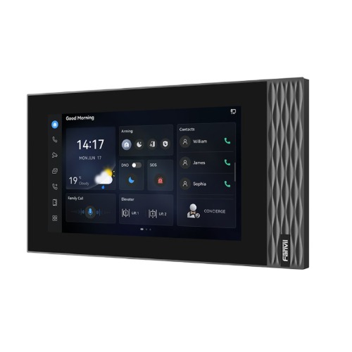 IPF-I554W-B Fanvil i554W Black SIP indoor unit with a 7-inch 1024×600 color touchscreen, Wi‑Fi 6, 2W speaker, 8 alarm inputs, RS485 interface, flexible installati