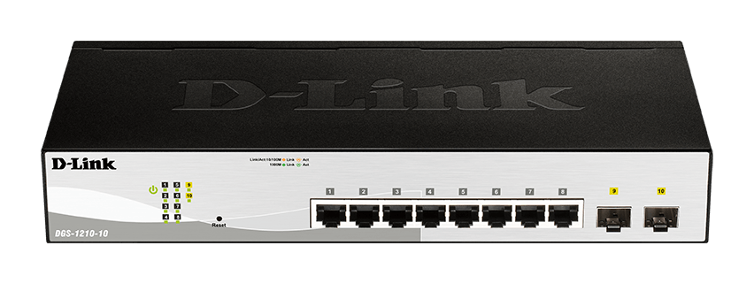 [DGS-1210-10MP] DGS-1210-10MP 10-Port Gigabit WebSmart PoE Switch with 8 PoE RJ45 and 2 SFP Ports. PoE budget 130W.