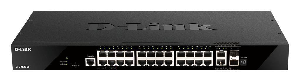 [DGS-1520-28] DGS-1520-28 28-Port Gigabit Smart Managed Stackable Switch with 24 1000Base-T, 2 10GBase-T and 2 SFP+ Ports.