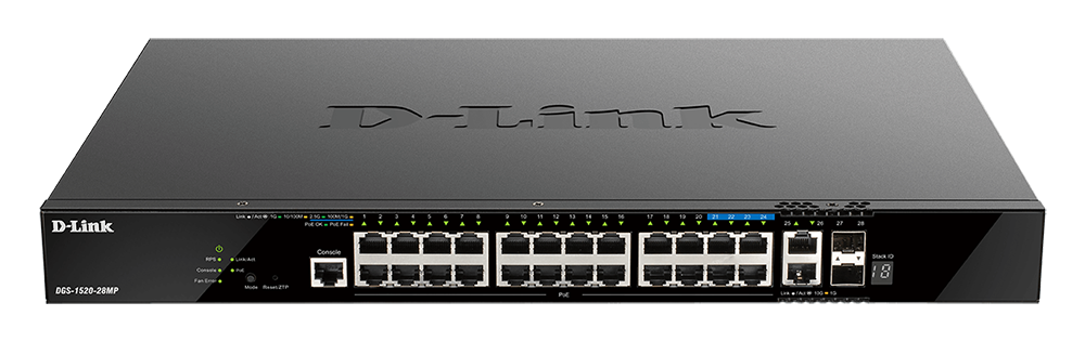 [DGS-1520-28MP] DGS-1520-28MP 28-Port Gigabit Smart Managed Stackable PoE+ Switch with 20 PoE+ 1000Base-T, 4 PoE+ 2.5GBase-T, 2 10GBase-T and 2 SFP+ Ports. PoE budget 370W (740W wi