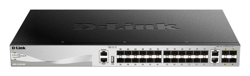[DGS-3130-30PS] DGS-3130-30PS 30 port Stackable Gigabit PoE+ Switch with 24 1000Base-T PoE/PoE+ ports and 4 10 Gigabit SFP+ ports and 2 10GBASE-T ports. PoE budget 370W (740W with
