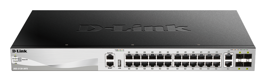 [DGS-3130-30TS] DGS-3130-30TS 30 port Stackable Gigabit Switch with 24 1000Base-T ports and 4 10 Gigabit SFP+ ports and 2 10GBASE-T ports.