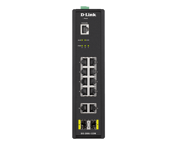 [DIS-200G-12SW] DIS-200G-12SW 12-Port Gigabit Industrial Smart Managed Switch with 10 1000BASE-T ports and 2 SFP ports, operating temp up to 75 C, DIN Rail mountable