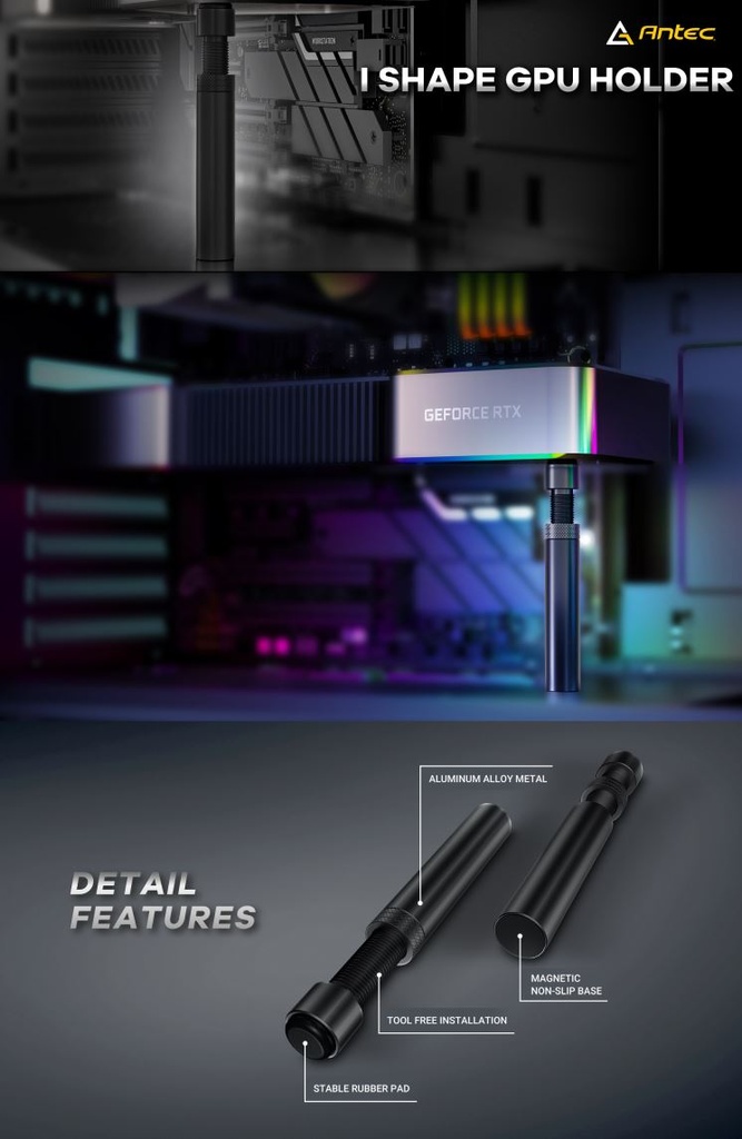Antec IGPU, VGA Bracket Holder. Solid Construction  durability - Black Aluminum Alloy Metal. Magnetic Non-Slip Base, Tool Free. Stable Rubber Pad (LS
