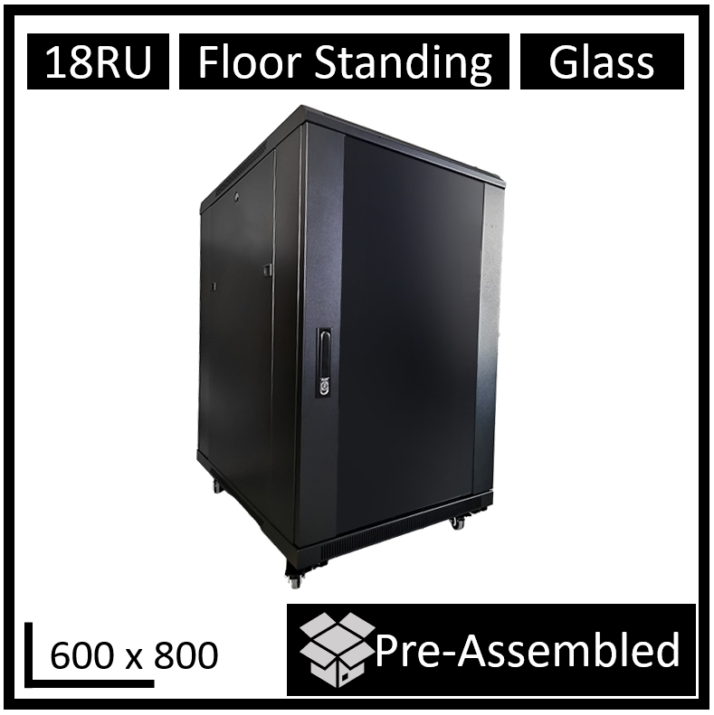 [FS800-18U-A] FS800-18U-A LDR Assembled 18U Server Rack Cabinet (600mm x 800mm) Glass Door, 1x 8-Port PDU, 1x 4-Way Fan, 2x Fixed Shelves - Black Metal Construction