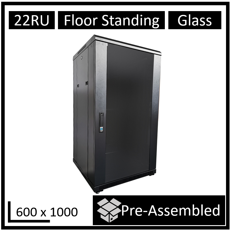 [FS1000-22U-A] FS1000-22U-A LDR Assembled 22U Server Rack Cabinet (L600mm x W1000mm x H1070mm), Glass Door,1x 8-Port PDU, 1x 4-Way Fan, 2x Fixed Shelves -Black Metal Construction