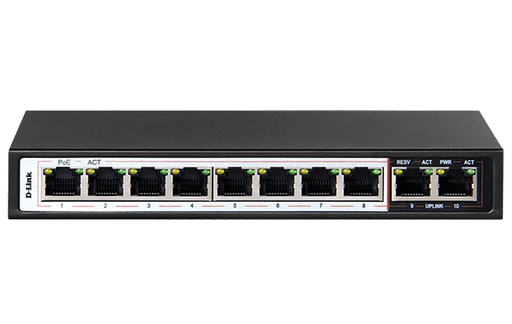 [DES-F1010P-E] 10-Port 10/100Mbps PoE Switch with 8 Long Reach PoE Ports and 2 Uplink Ports. PoE budget 96W