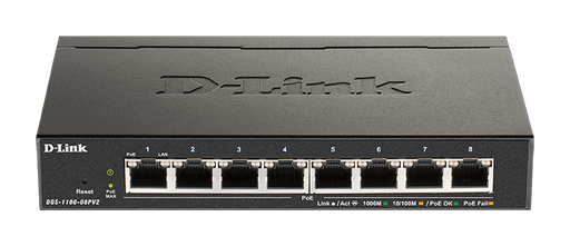 [DGS-1100-08PV2] 8-Port Gigabit Smart Managed Switch with 8 PoE+ ports. PoE budget 64W.