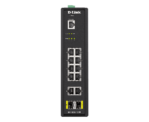[DIS-200G-12SW] 12-Port Gigabit Industrial Smart Managed Switch with 10 1000BASE-T ports and 2 SFP ports, operating temp up to 75 C, DIN Rail mountable