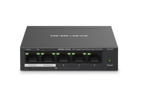 [MS105GP] Mercusys MS105GP 5-Port Gigabit Desktop Switch with 4-Port PoE+, 10/100/1000 Mbps RJ45 ports, Up to 250 m