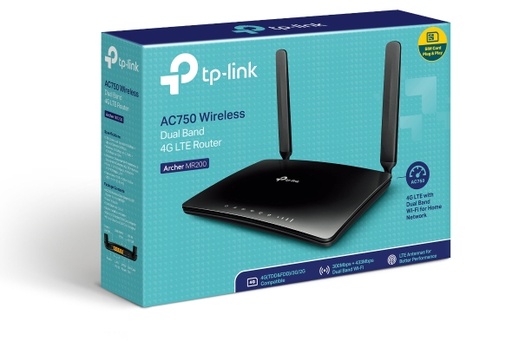 [Archer MR200] TP-Link Archer MR200 AC750 Wireless Dual Band 4G LTE Router 300Mbps@2.4Ghz,, 433Mbps@5Ghz, 4G SIM Slot, WPS Button, 2 Antennas