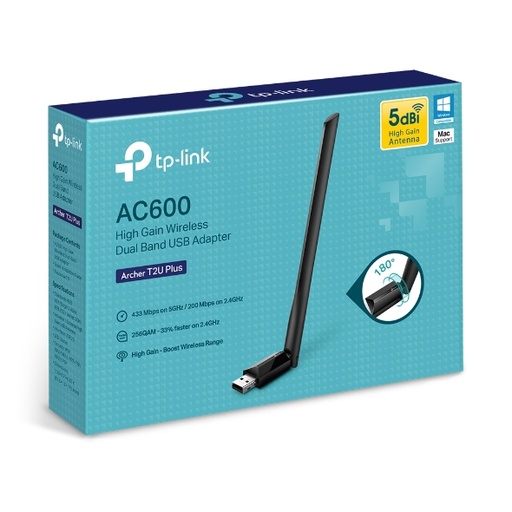 [Archer T2U Plus] TP-Link Archer T2U Plus AC600 High Gain Wi-Fi Dual Band USB Adapter,433Mbps at 5GHz + 200Mbps at 2.4GHz, USB 2.0, 1 high gain antenna