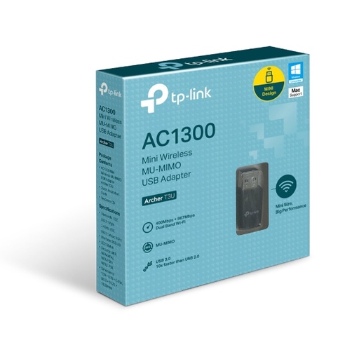 [Archer T3U] TP-Link Archer T3U AC1300 Mini Wireless MU-MIMO USB Adapter，Mini Size, 867Mbps at 5GHz + 400Mbps at 2.4GHz, USB 3.0