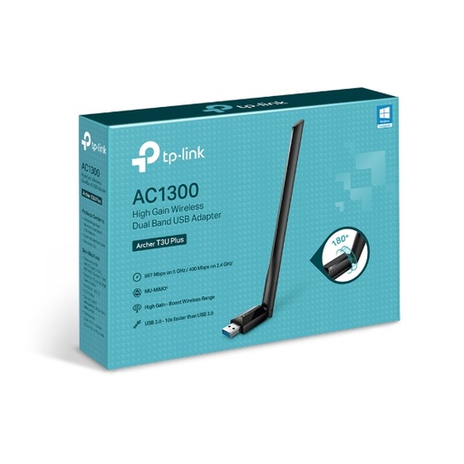 [Archer T3U Plus] TP-Link Archer T3U Plus AC1300 High Gain Wi-Fi Dual Band USB Adapter,  867Mbps at 5GHz + 400Mbps at 2.4GHz, USB 3.0, 1xHigh Gain External Antenna, MU-