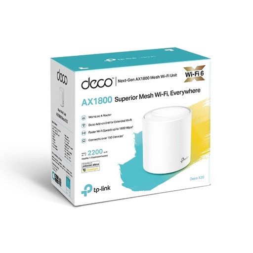 [Deco X20(1-pack)] TP-Link Deco X20 (1-pack)AX1800 Whole Home Mesh Wi-Fi 6 System, Up To 200 sqm Coverage, WIFI6, 1201Mbps @ 5Ghz, 574Mbps @ 2.4 GHz OFDMA, MU-MIMO (WIFI
