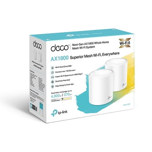 [Deco X20(2-pack)] TP-Link Deco X20(2-pack) AX1800 Whole Home Mesh Wi-Fi 6 System, Up To 370 sqm Coverage, WIFI6, 1201Mbps @ 5Ghz, 574Mbps @ 2.4 GHz OFDMA, MU-MIMO (WIFI