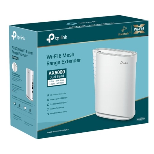[RE900XD] TP-Link RE900XD AX6000 Mesh Wi-Fi 6 Range Extender 1148Mbps@2.4 GHz, 4804Mbps@5 GHz,1×2.5 Gbps Multi-Gig Port+ 2× Gigabit Ports