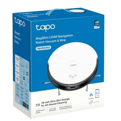 [Tapo RV20 Mop] TP-Link Tapo RV20 Mop MagSlim™ LiDAR Navigation Robot Vacuum & Mop, 2700Pa Strong Suction, Quiet Cleaning, Auto-Charging, Ultra-Slim 7.8 cm Design