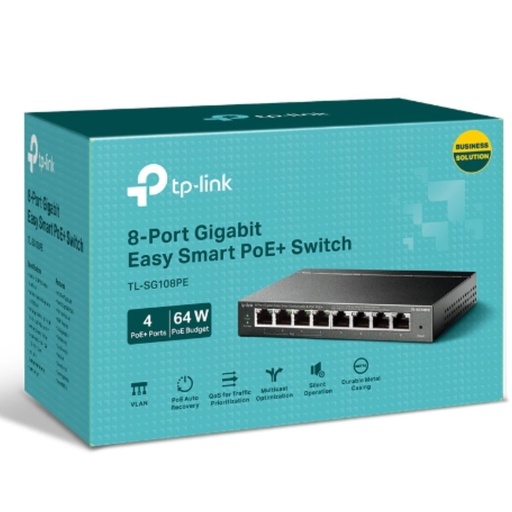 [TL-SG108PE] TP-Link TL-SG108PE 8-Port Gigabit Easy Smart Switch with 4-Port PoE, 55W IEEE 802.3af, Fanless, VLAN Features