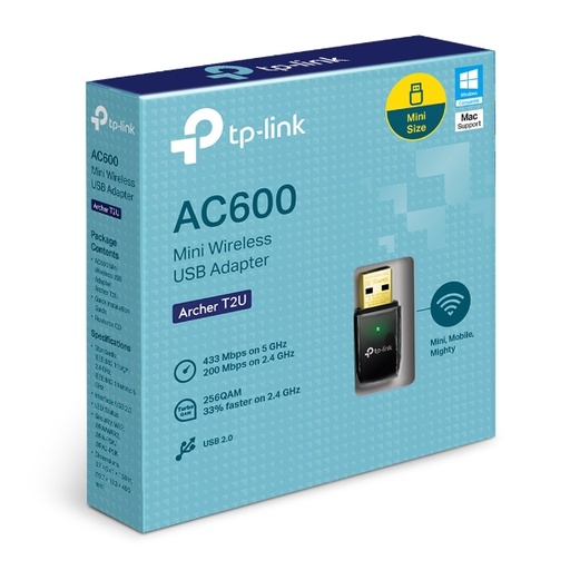 [6935364089917] TP-Link Archer T2U AC600 Wireless Dual Band USB Adapter 2.4GHz (150Mbps) 5GHz (433Mbps) 1xUSB2 802.11ac 1x Omni Directional Antenna WPS button