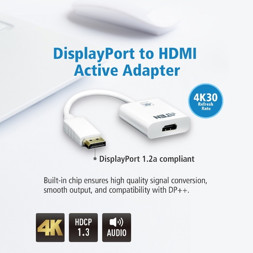 [4719264643736] Aten 4K DisplayPort to HDMI Active Adapter, Supports VGA, SVGA, XGA, SXGA, UXGA, 1080p   resolutions up to 4K UHD, Supports AMD Eyefinity, DP to HDMI