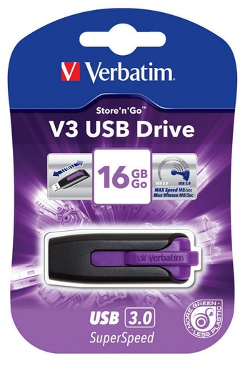 [23942491804] Verbatim 16GB V3 USB3.0 Violet Store'n'Go V3; Rectractable USB Storage Drive Memory Stick
