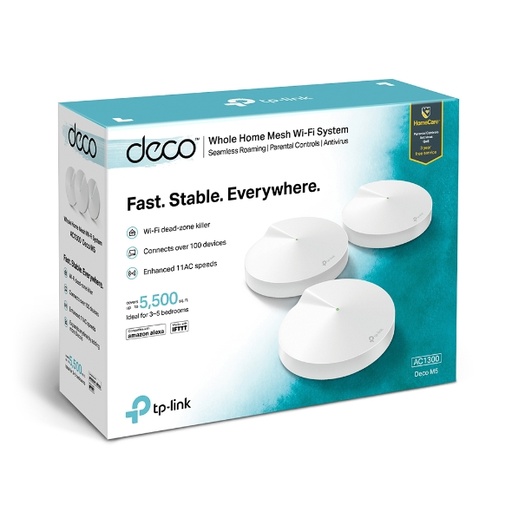[6935364080839] TP-Link Deco M5 (3-Pack) Whole Home Mesh Wi-Fi 1300Mbps System, Built-In Antivirus, Quality of Service, Covers 510sqm 2xGbit Port USB-C, BT, Homecare