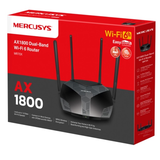 [6957939000509] Mercusys MR70X AX1800 Dual-Band WiFi 6 Router, Up to 1.8Gbps, OFDMA, MU-MIMO, WPA3