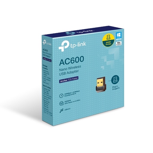 [6935364099978] TP-Link Archer T2U Nano AC600 Nano Dual Band Wi-Fi USB Adapter, 433 Mbps at 5 GHz + 200 Mbps at 2.4 GHz,  USB 2.0