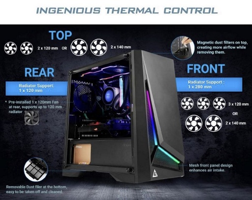 [761345800204] Antec DP301M mATX, ARGB Front LED, Tempered Glass, Up to 6x 120mm Fans, preinstalled 1x 120mm Fan, CPU 160mm,  GPU 360m, PSU 170mm, Case. 2 Yrs Wty (L