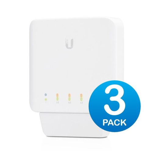 [817882028684] Ubiquiti USW Flex 3 Pack- Managed, Layer 2 Gigabit switch with auto-sensing 802.3af PoE support. 1x PoE In, 4x PoE Out, 2Yr Warr