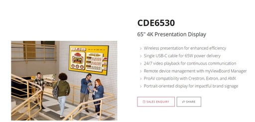 [CDE6530] Viewsonic 65" 4K Commercial Display, 24/7, USB-C, w/ myViewBoard 2024, Pro AV,  3 Years Advance Replacement