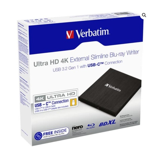 [23942438885] Verbatim External Slim Blue-ray Writer Ultra HD 4K Type-C Connection, USB 3.1 Gen1. Includes Nero Burning Software. Ultra Portable. New 2024