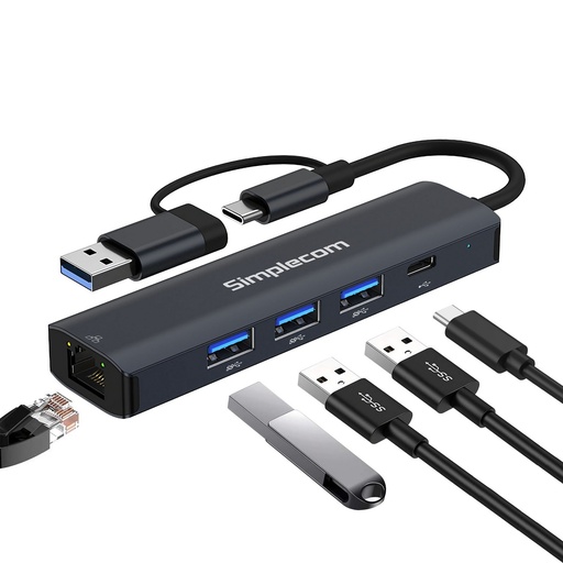 [9350414003175] Simplecom CHN436 USB-C and USB-A to 4-Port USB HUB with Gigabit Ethernet Adapter